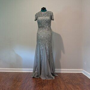 adrianna papell blue mist dress Hand Beaded Short Sleeve Floral Godet Gown In French Blue
